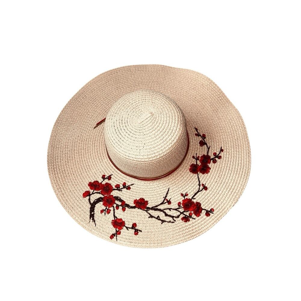 Wide Brim Pink Straw Sun Hat With Red & Black Delicate Floral Embroidery Design - Picture 5 of 8